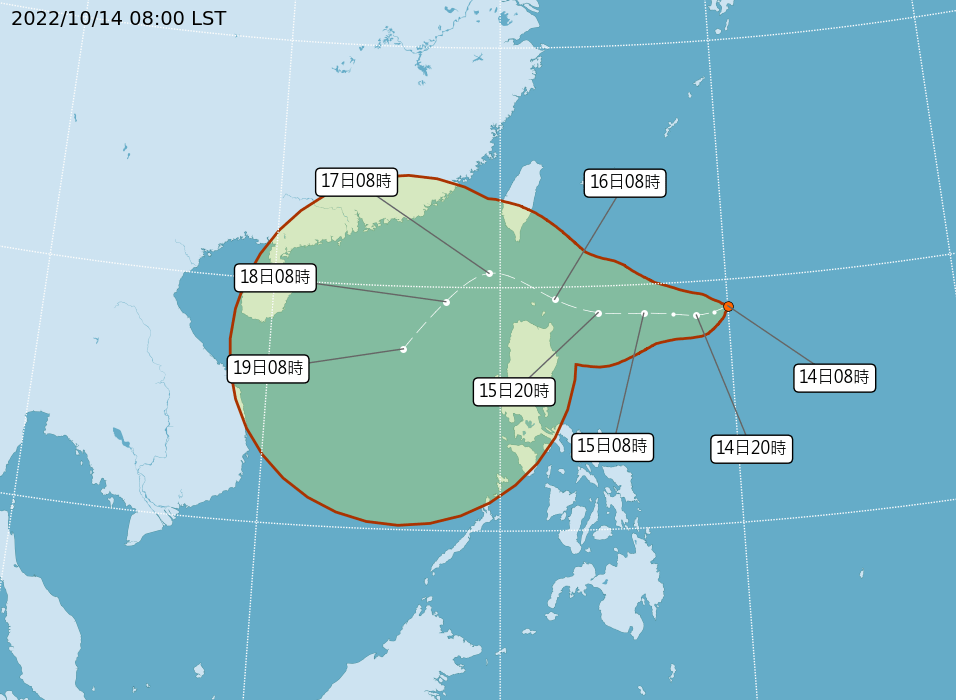 菲律賓東面的熱帶氣旋預計16日至17日接近台灣地區，17日之後逐漸往南，預計周末到下周一影響台灣。台灣中央氣象局圖片