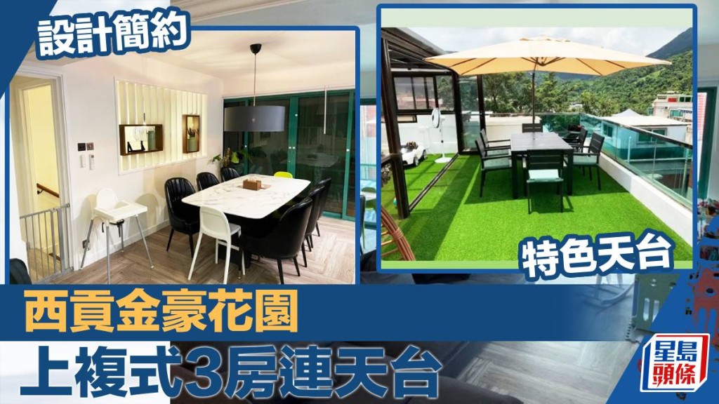 西貢管理式村屋屋苑金豪花園上複式放盤， 建築面積1400 方呎， 最新叫價1,190 萬。