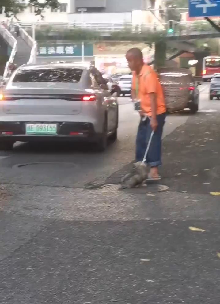 四川街頭有中年漢疑為碰瓷，將小狗掟向汽車車頭。微博