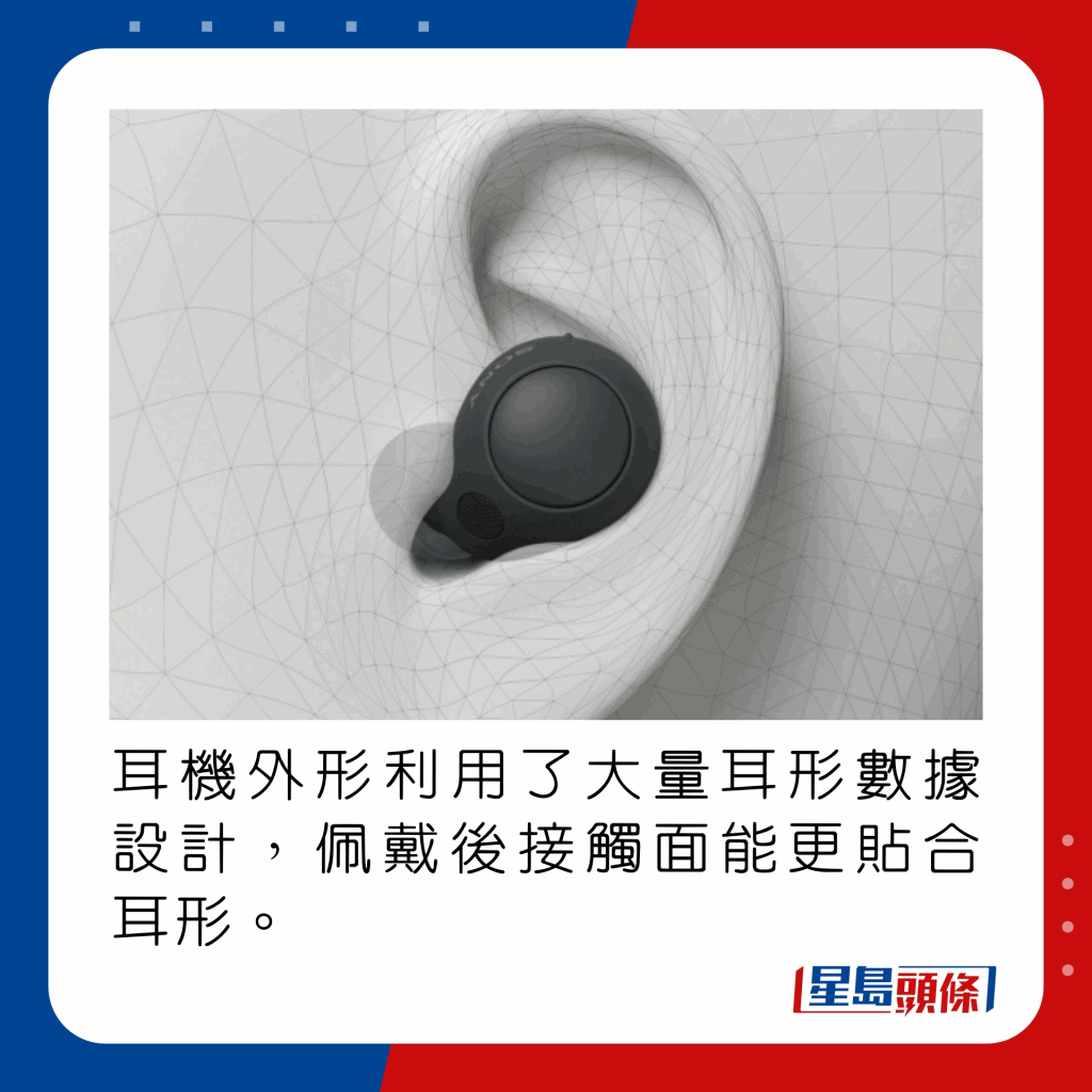 耳機外形利用了大量耳形數據設計，佩戴後接觸面能更貼合耳形。
