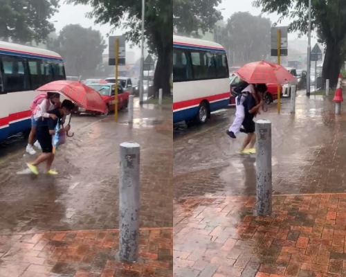 校工姨姨涉水孭学生下校车。 巴打丝打 Facebook ClubFB影片截图