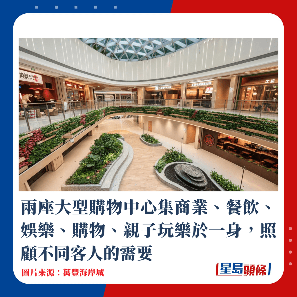 兩座大型購物中心集商業、餐飲、娛樂、購物、親子玩樂於一身，照顧不同客人的需要