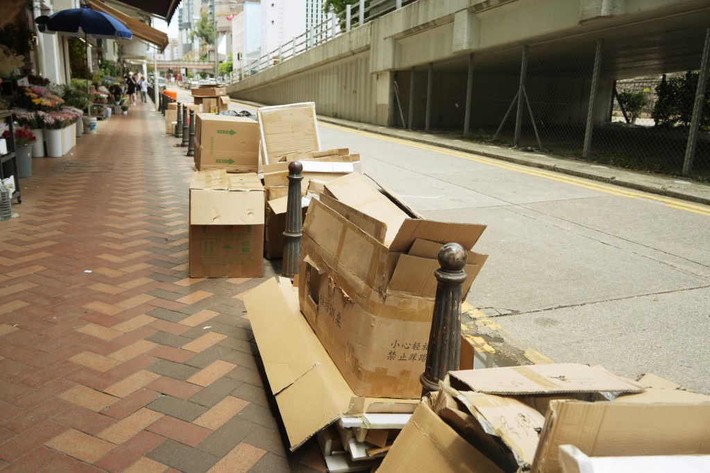 有人將廢棄紙皮箱棄置行人路及馬路，明顯影響交通。吳艷玲攝