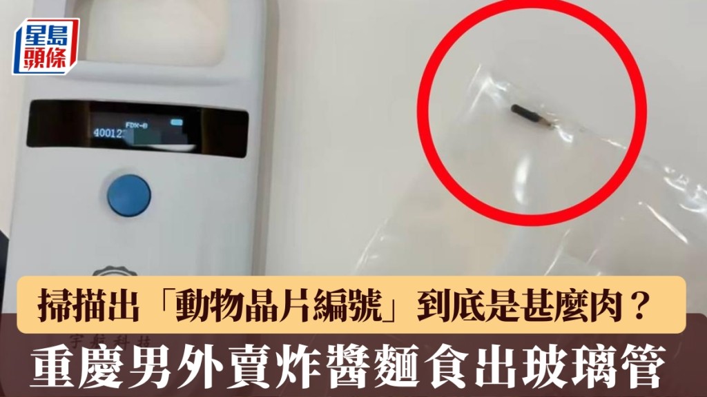 重慶男外賣炸醬麵食出玻璃管，掃描出「動物晶片編號」。
