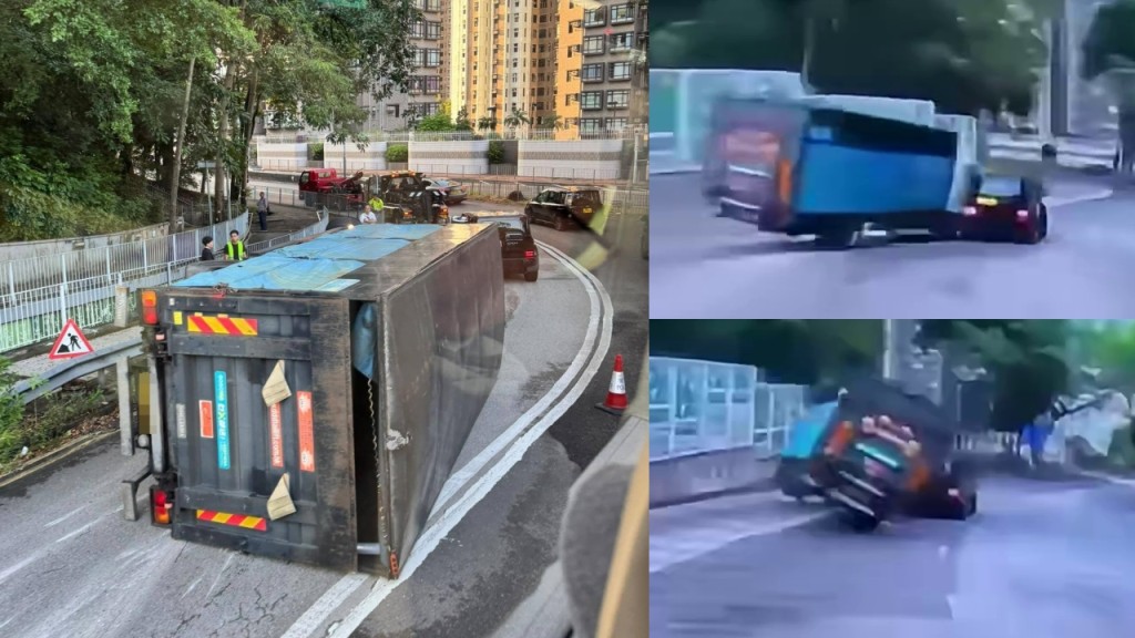 車Cam｜荃灣貨車「劈住入」迴旋處失控翻側 險壓中私家車
