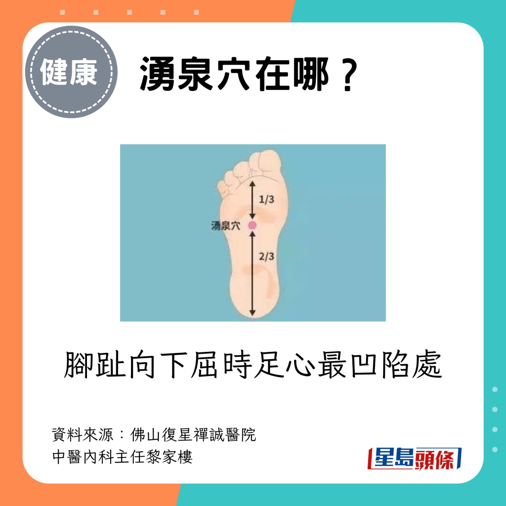 涌泉穴：脚趾向下屈时足心最凹陷处