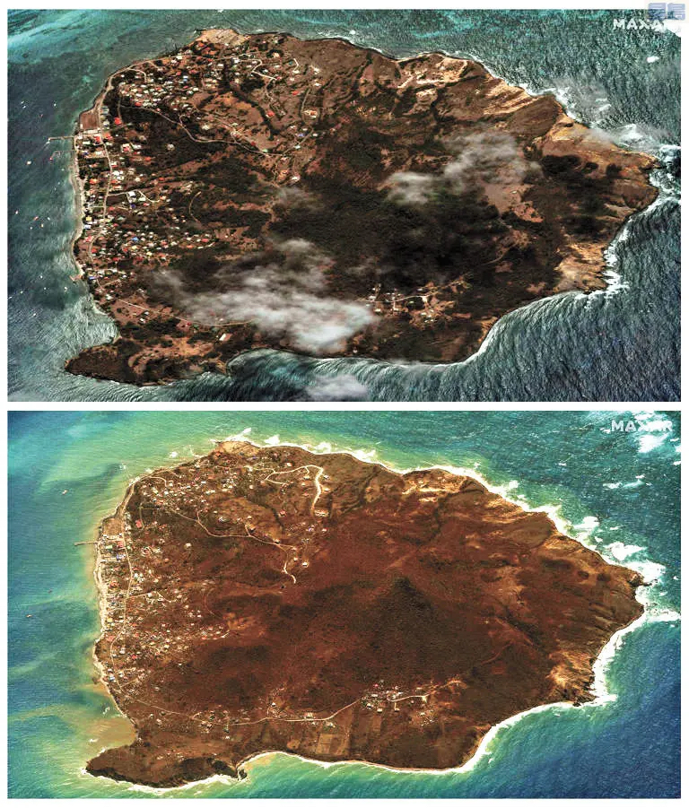 4級颶風「貝里爾」摧毀格林納達卡里亞庫島，僅半小時內就幾乎把該島夷平。事前（上）及災後（下）對比。  MAXAR合併圖片