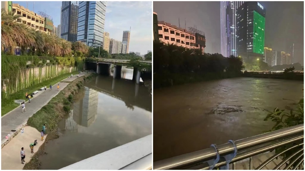泄洪下的深圳布吉河完全不同了樣子。