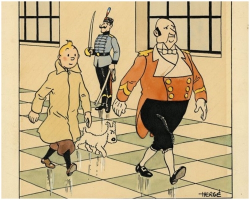 赫奇以印度墨水与水彩绘制的丁丁系列漫画封面绘图在巴黎拍卖。网图