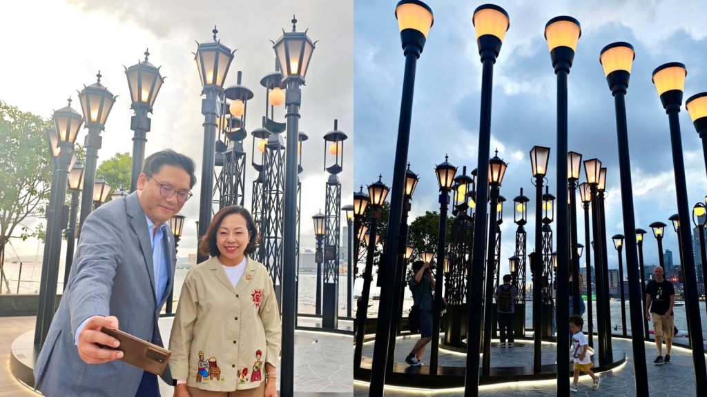 麥美娟孖梁宏正到灣仔復古街燈打卡 漫遊海濱越夜越美麗。