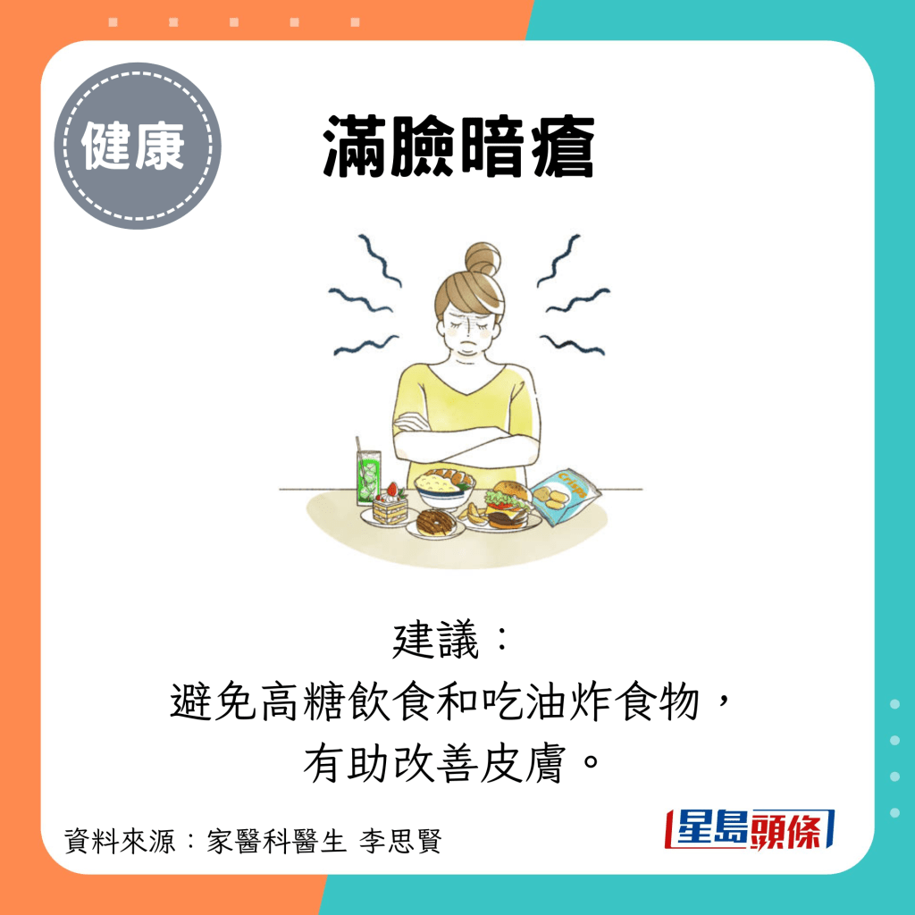 满脸暗疮：建议： 避免高糖饮食和吃油炸食物， 有助改善皮肤。