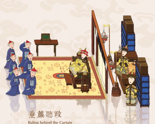 图示慈禧和慈安两位太后在养心殿垂帘听政。