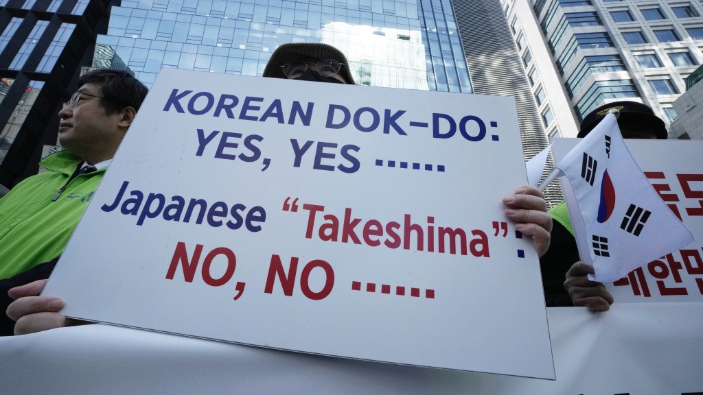 南韓人抗議日本宣稱擁有獨島（日本稱竹島）主權。 美聯社