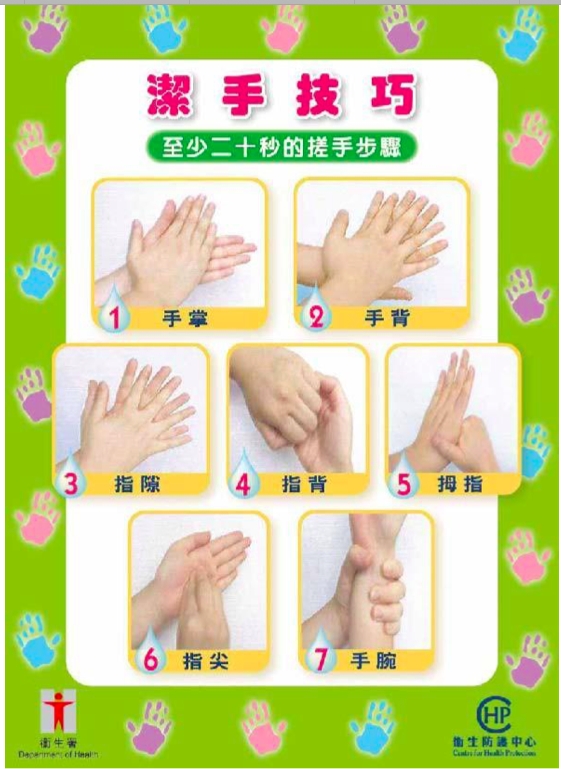 潔手技巧 7 步驟。衞生防護中心網頁截圖