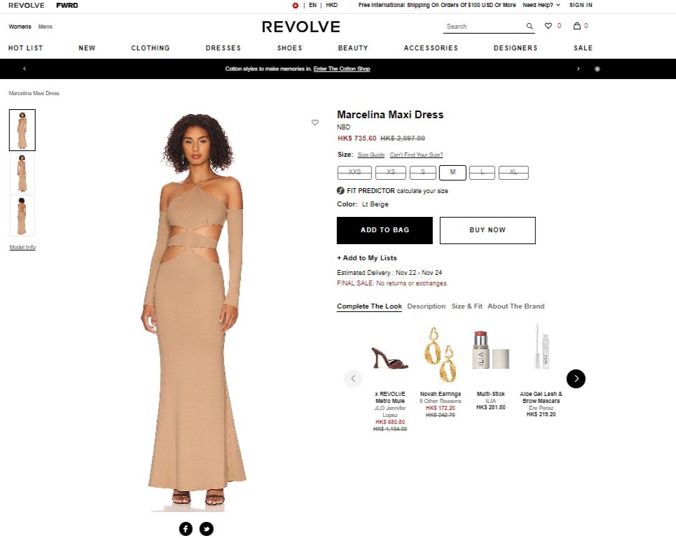 支喾仪靓裙购自网购平台「REVOLVE」，最近更减价，由原价2,097港元减至735港元。