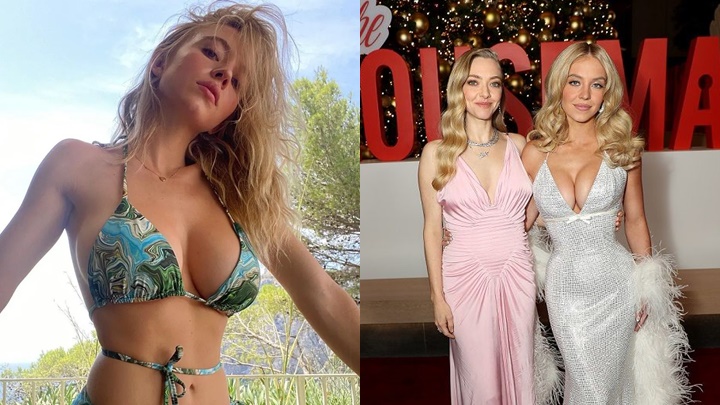 Sydney Sweeney（左圖）否認隆胸願「測謊」，歡迎拍檔雅曼達施菲（右圖左）摸摸驗真假