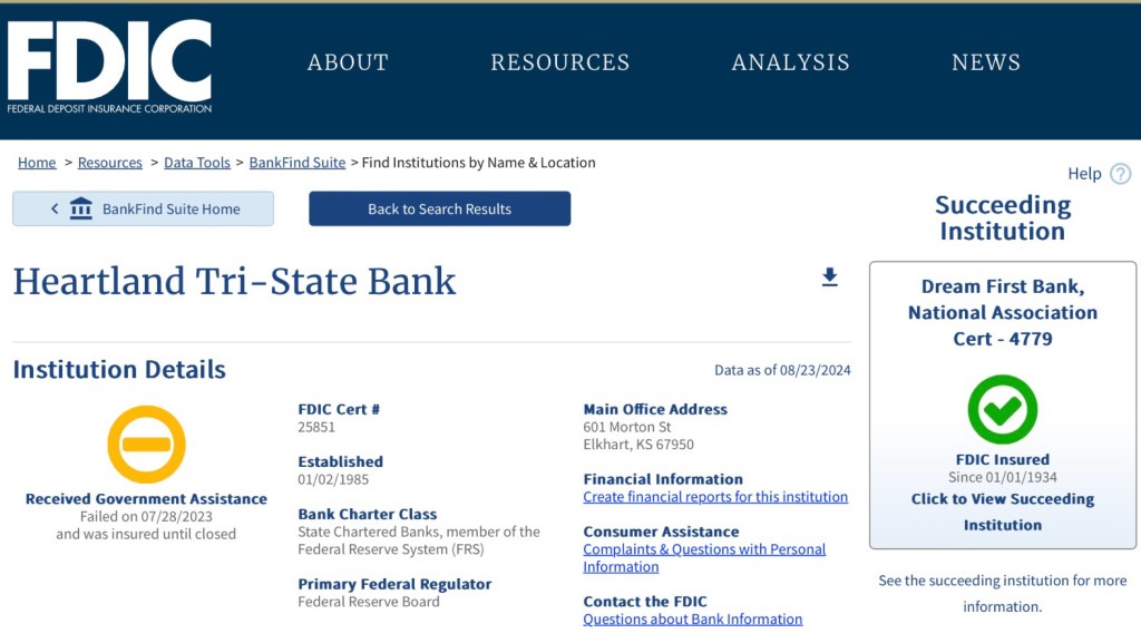 Heartland Tri-State Bank出事后由由联邦存款保险公司（FDIC）接管，最终倒闭。