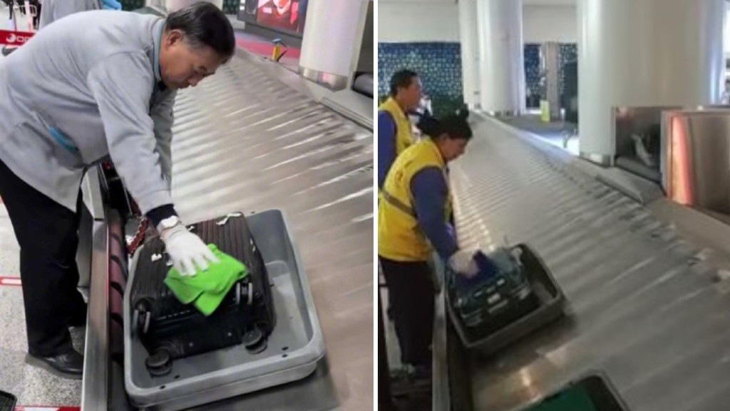 內蒙鄂爾多斯伊金霍洛國際機場有清潔員替旅客抹行李篋。