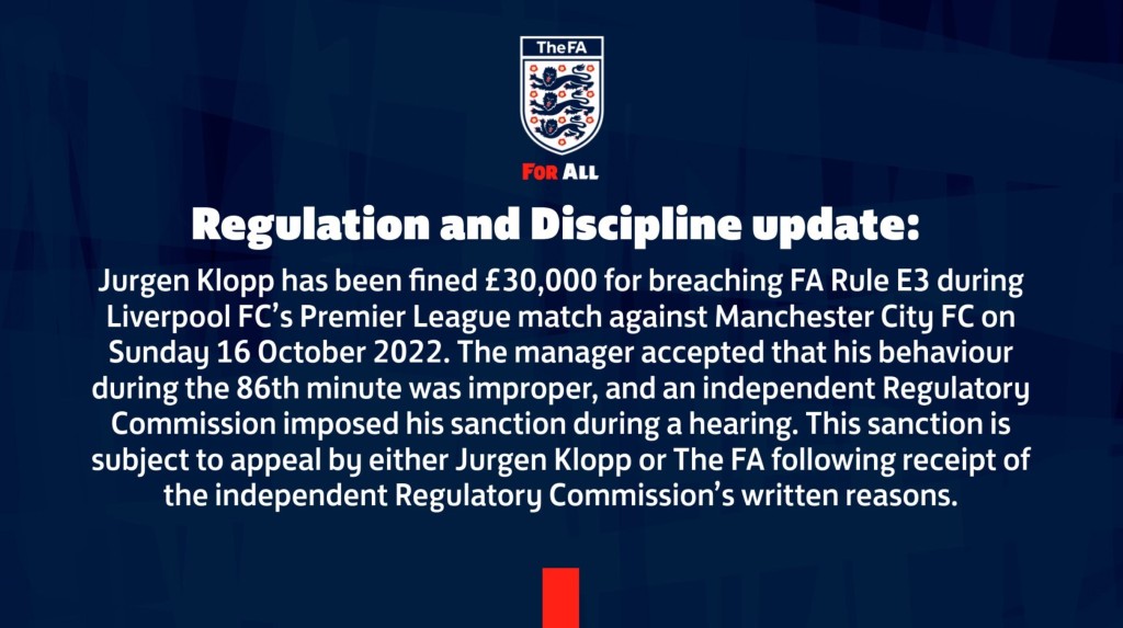 英格兰足总宣布对高普罚款。英格兰足总官网截图