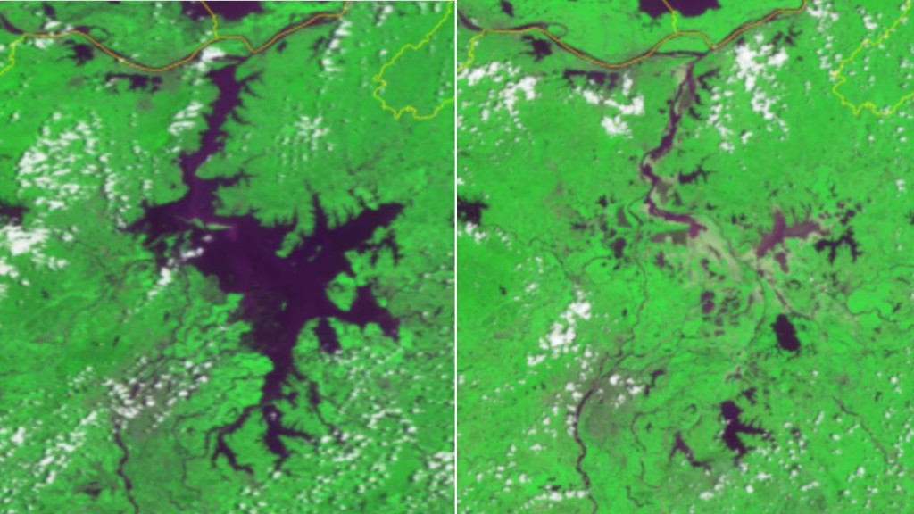 鄱陽湖面積變化，左圖為7月10日，右圖為8月18日。國家衛星氣象中心