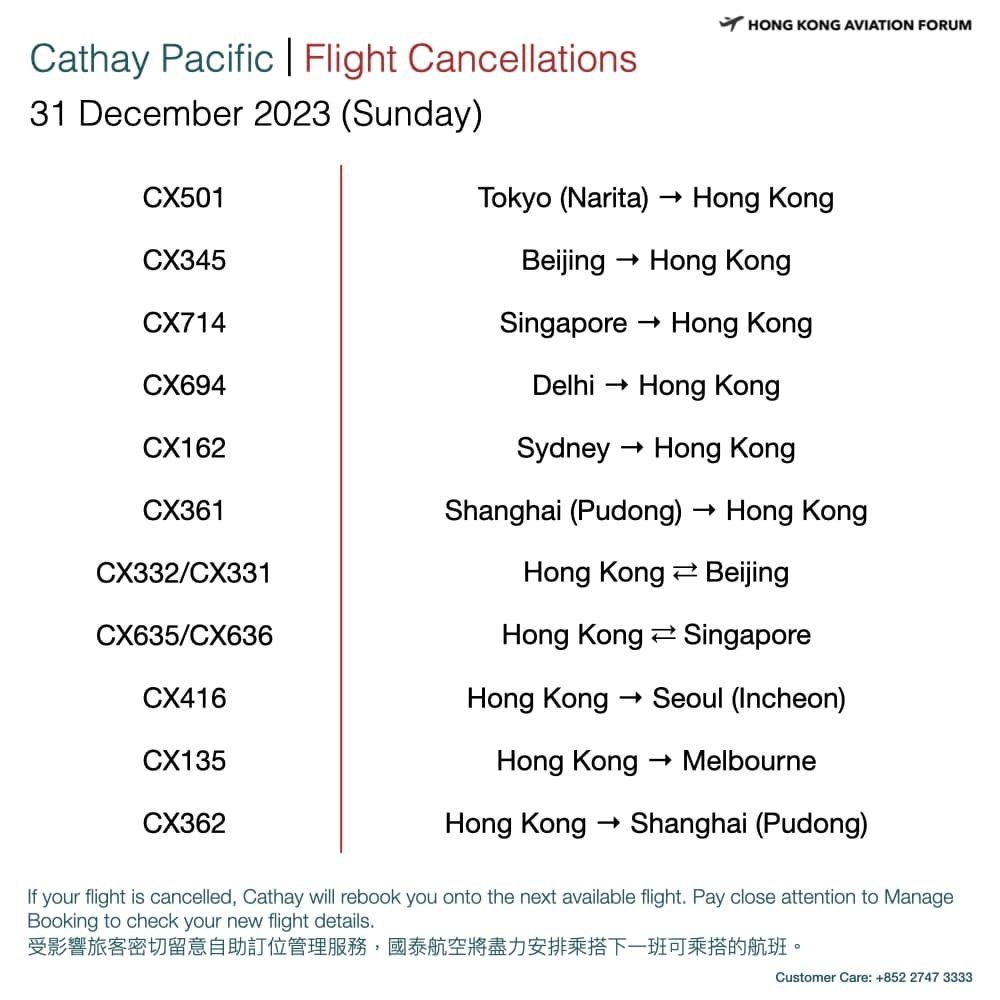 国泰在除夕、元旦日再有约13班和3班航班取消。香港飞行论坛FB图片