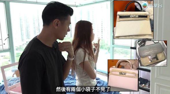 女事主失窃的其中三个名牌手袋。《东张西望》截图