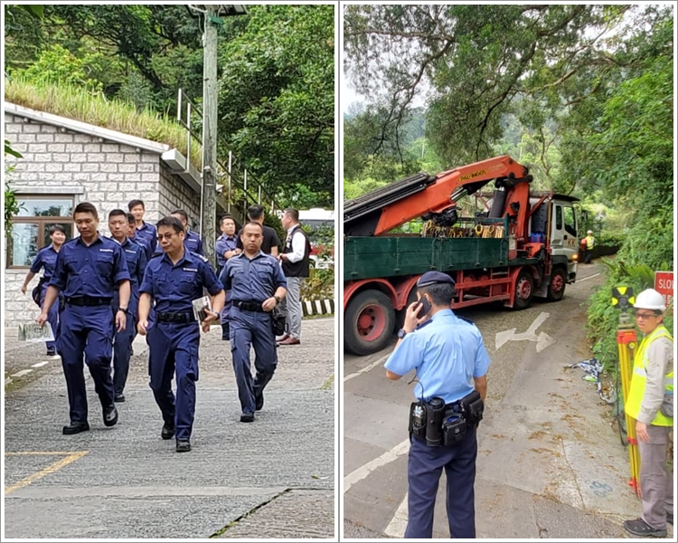 警方多部門人員早上到場(左)，不久一輛吊臂車亦駛入現場(右)。 楊偉亨攝