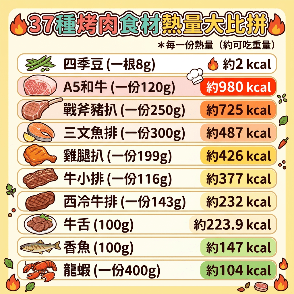 37種烤肉食材熱量大比拼 *每一份熱量（約可吃重量）