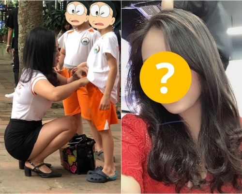 幼稚園老師蹲在路邊幫學童整理衣服的相片近日網上瘋傳。網圖