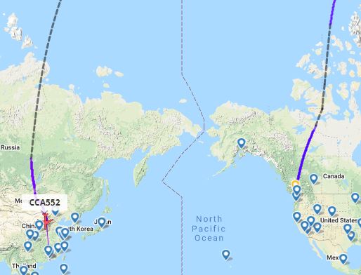 包機航線飛越北極，沒有經過美國領空。Flightrader圖片