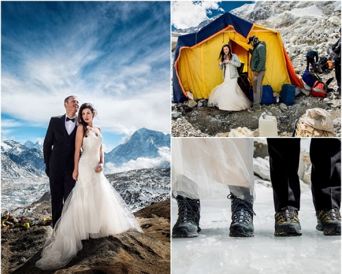 女方换上婚纱，男方穿上礼服，以雪山为背景，拍摄不一样的结婚照片。