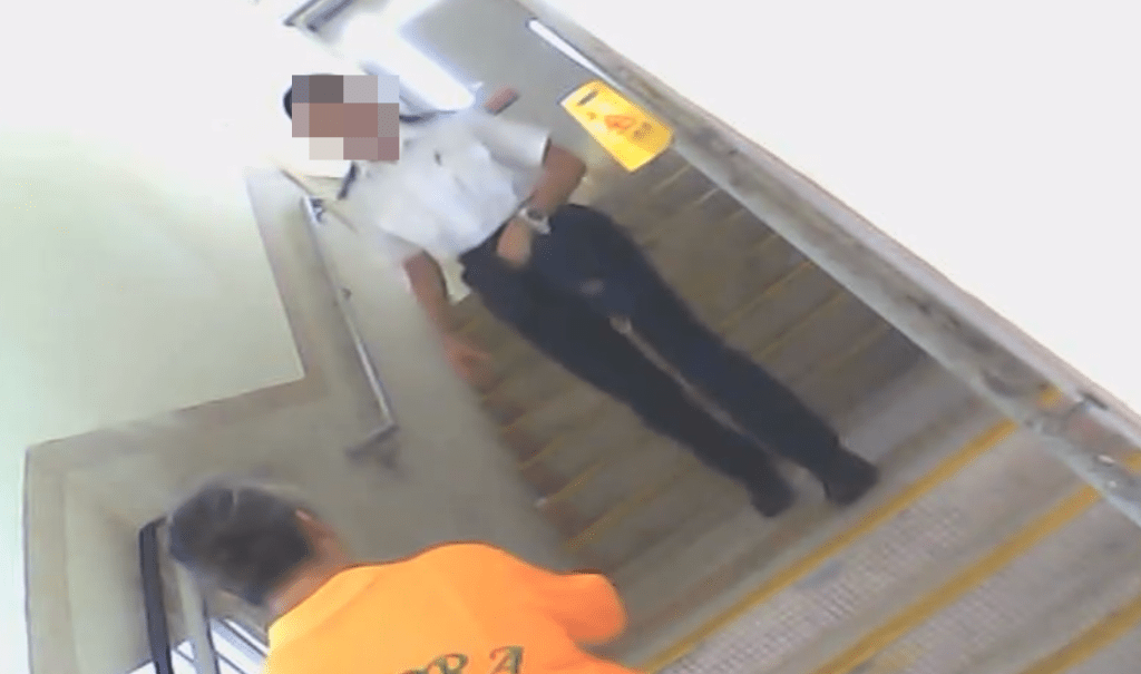 食環署女職員在梯間吸煙閒聊。網上片段截圖