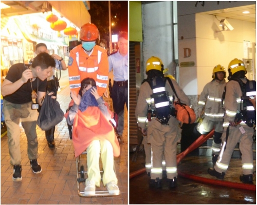 圖右,消防到場開喉灌救。圖左,不適送院的女子。
