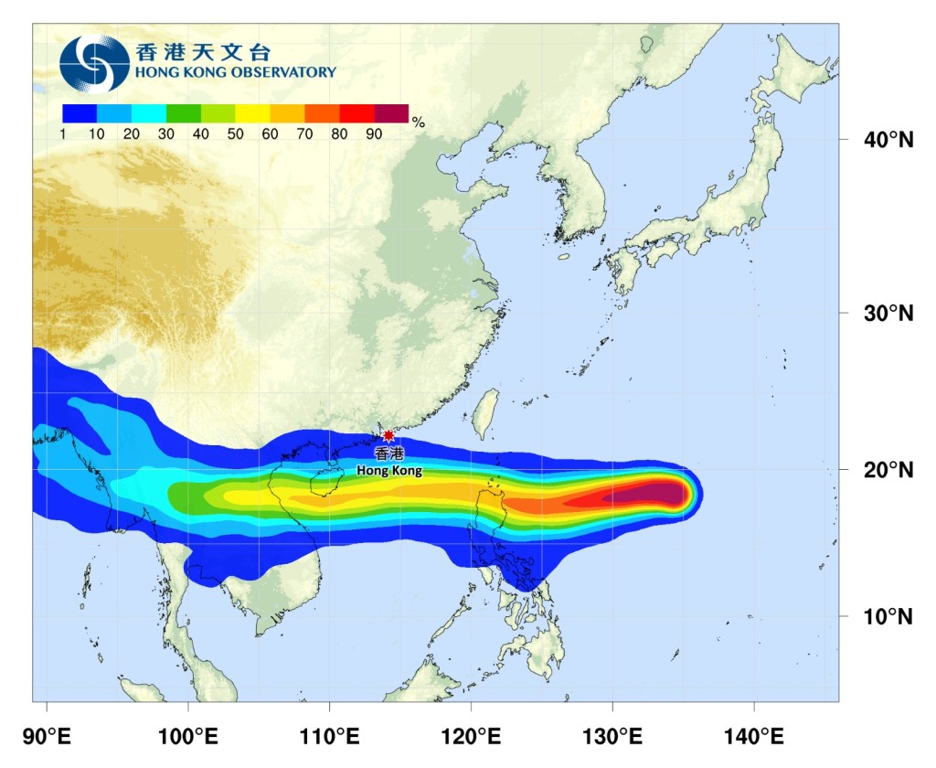 熱帶氣旋較大機會趨向海南島及越南。天文台熱帶氣旋路徑概率預報