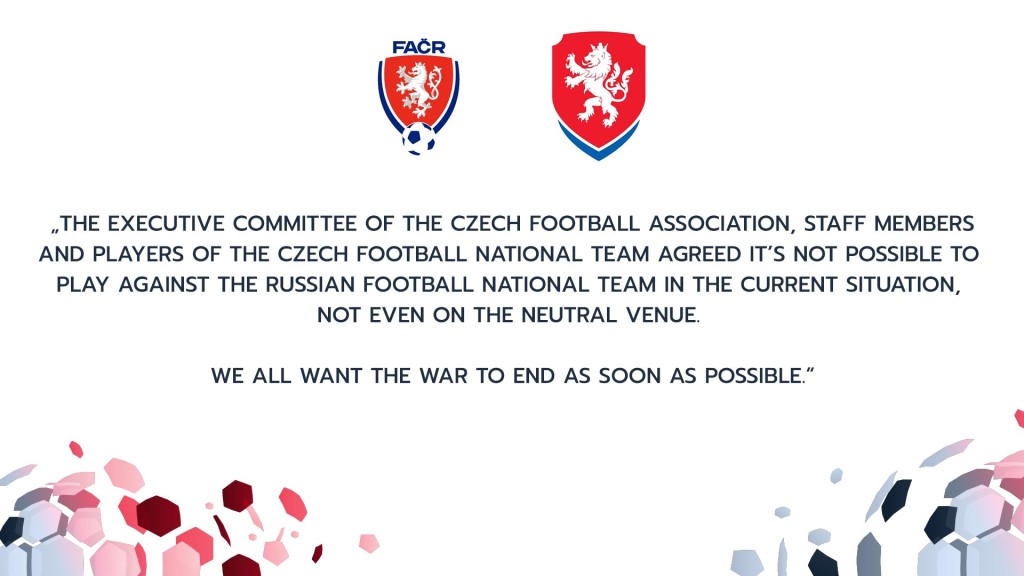 捷克足總的聲明呼籲俄羅斯應盡早停戰。網上圖片