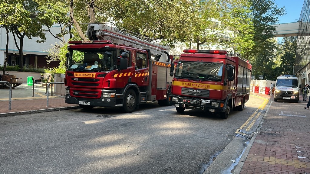 消防共派出10架消防车、1架救护车、一架消防电单车到场。(梁国峰摄)