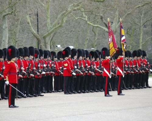 英國御林軍近日在一次典禮彩排上，有兩名士兵在氣溫僅25度的情況下昏倒。　網上圖片