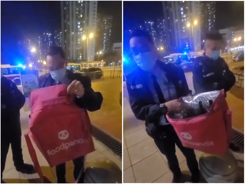 警員懷疑男子盜竊外賣袋。影片截圖