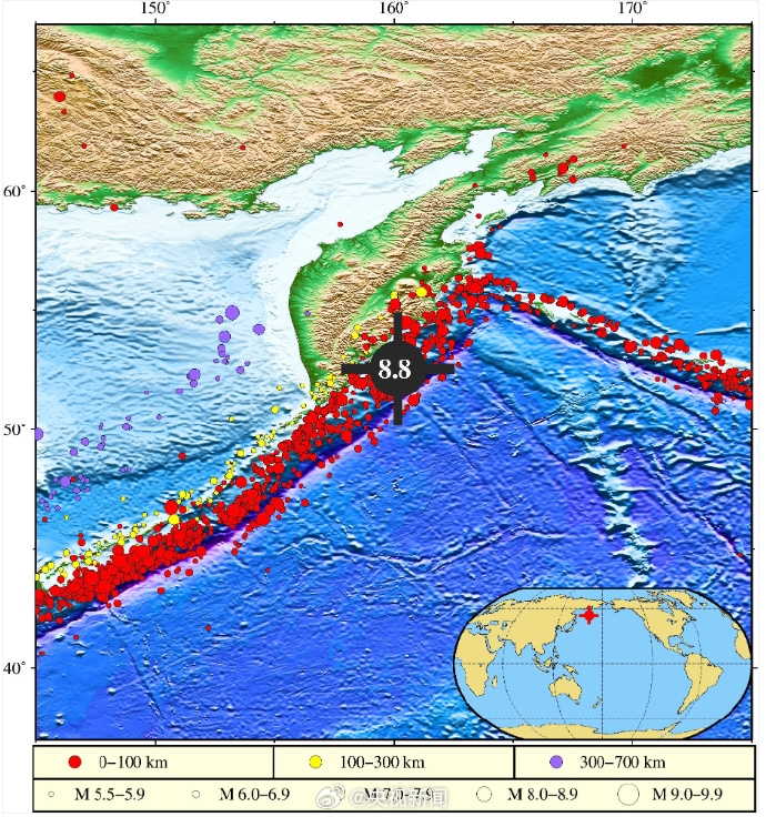堪察加東岸遠海海域地震修正為8.8級。