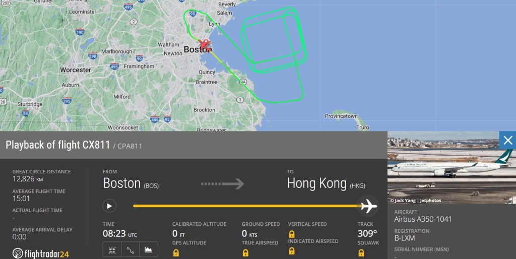 航班起飛後即盤旋，其後折返波士頓機場。Filghtradar24截圖