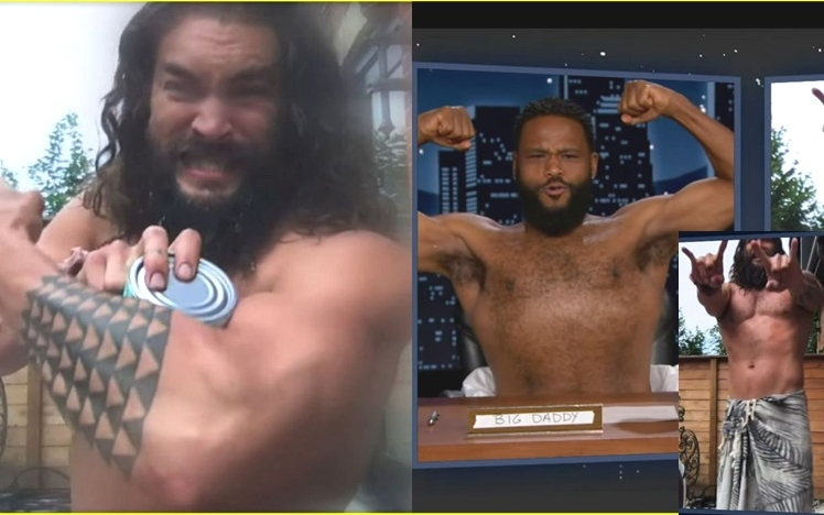 《水行俠》男星Jason  Momoa透過視像現身節目《Jimmy Kimmel Live》。