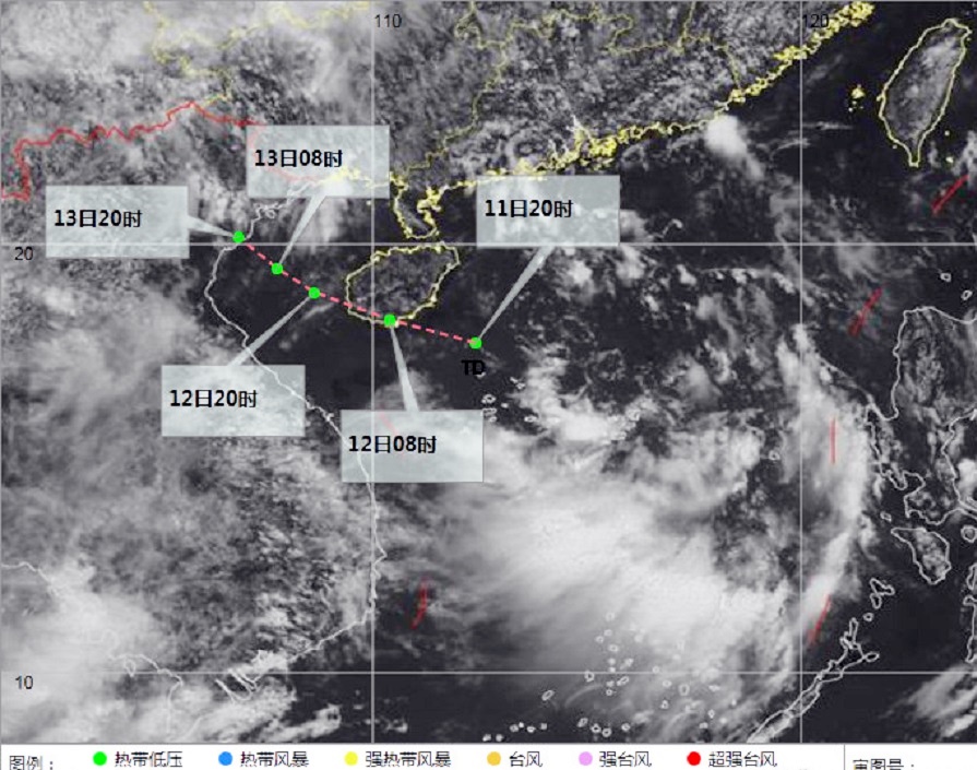 熱帶低壓可能於12日在海南島東南部沿海地區登陸。三亞市氣象局圖片