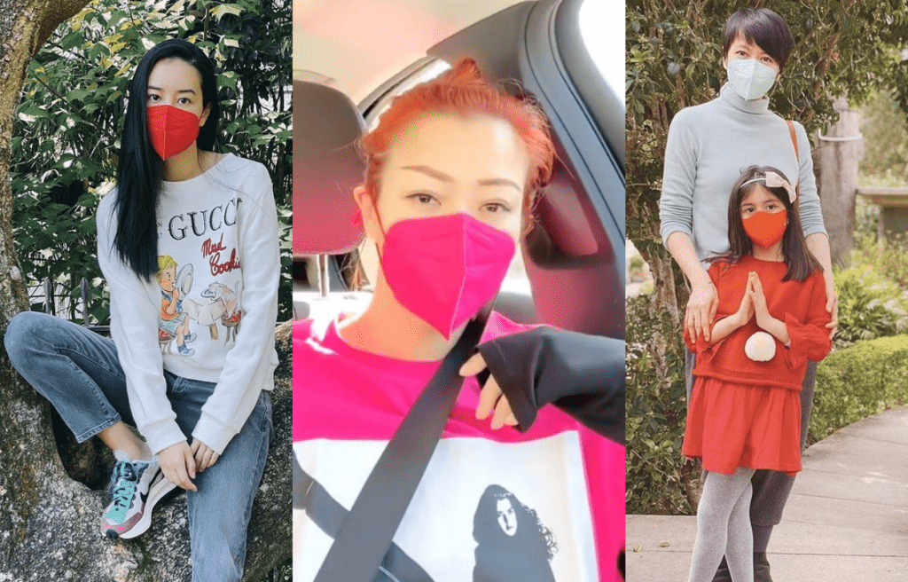 左起/吳雨霏、鄭秀文、梁詠琪及女兒Sofia以不同色彩的品牌口罩,為造型營造搶眼的亮點。