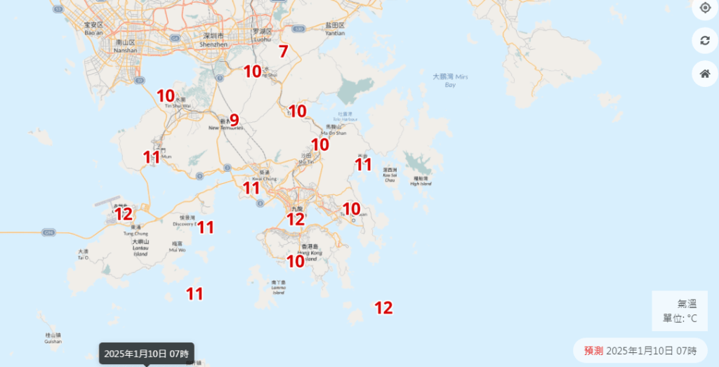 周五有新界地區跌至7度。天文台網頁截圖