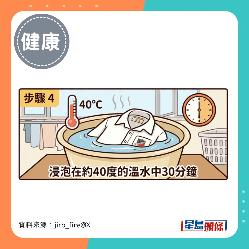 将衬衫浸泡在约40度的温水中30分钟。