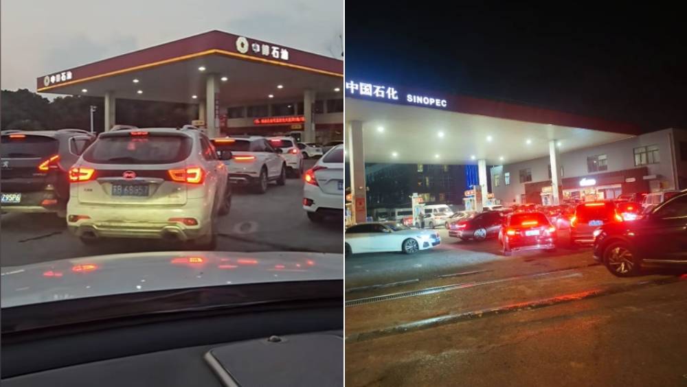 油價調整前，大陸各地加油站排長隊。