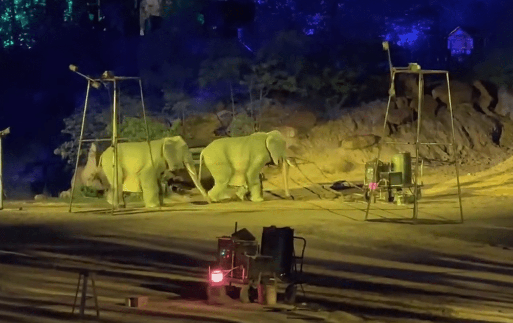 南萬歲山武俠城「打鐵花」表演中，兩隻登場的「大象」穿崩露人腳。 微博