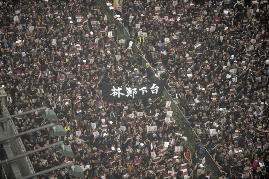 有遊行人士高舉寫有「林鄭下台」的標語。資料圖片