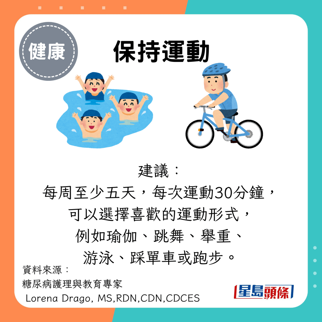 保持运动：建议： 每周至少五天，每次运动30分钟， 可以选择喜欢的运动形式， 例如瑜伽、跳舞、举重、 游泳、踩单车或跑步。