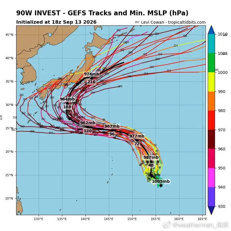 「杜鵑」可能於急轉彎貫穿日本本州。微博@weatherman_信欣 「杜鵑」可能於急轉彎貫穿日本本州。微博@weatherman_信欣